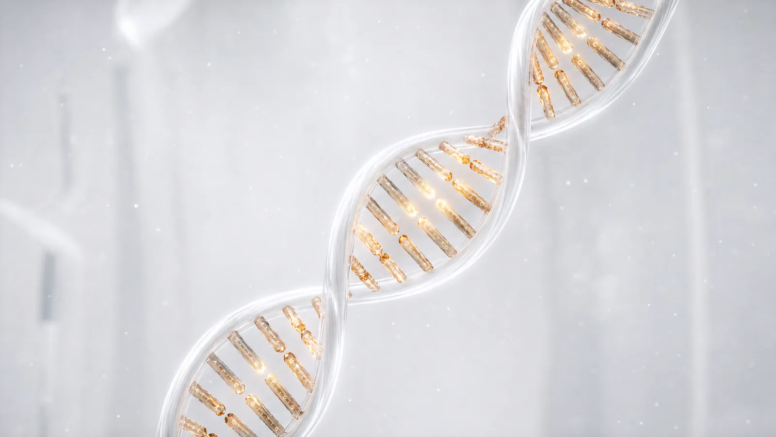 Półprzezroczysta podwójna helisa DNA ze świecącymi bursztynowymi parami zasad na jasnym tle