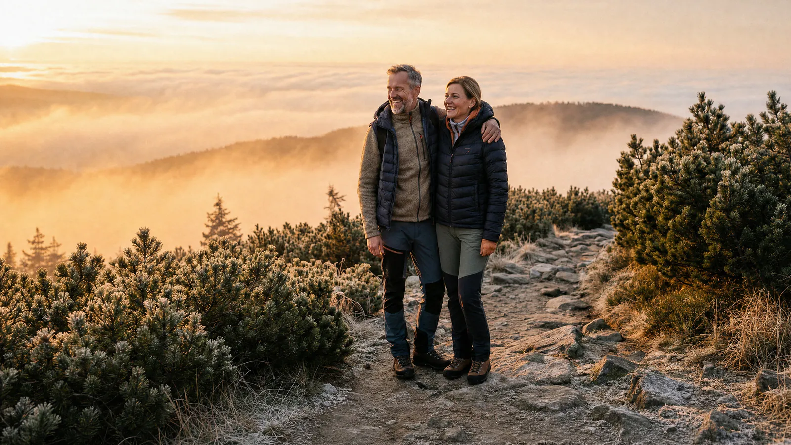 Smiling couple embracing on a frost-covered mountain trail above misty hills at sunrise