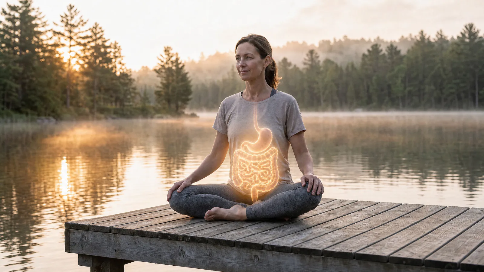 Woman sitting cross-legged on a lakeside dock at misty sunrise, with a glowing illustration of the digestive system over her abdomen
