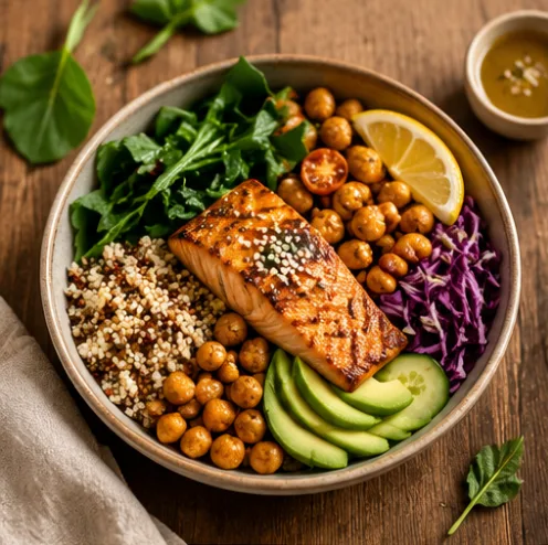 Bowl of grilled salmon with quinoa, roasted chickpeas, leafy greens, red cabbage, avocado, cucumber and lemon on a wooden table