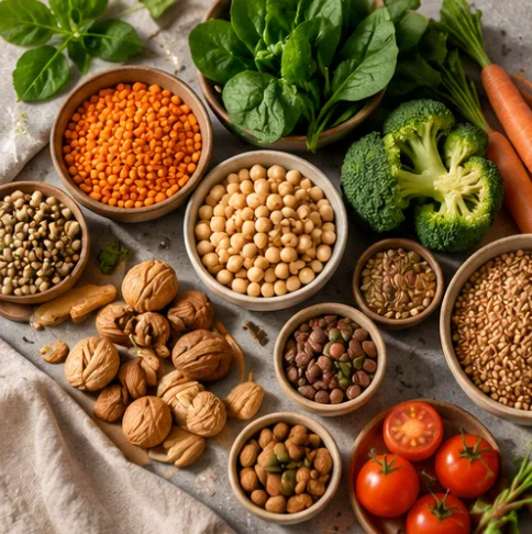 Bowls of lentils, chickpeas, beans and grains with walnuts, spinach, broccoli, carrots and tomatoes on a stone surface