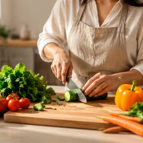 Woman in a linen apron slicing cucumber on a wooden board beside leafy greens, tomatoes, carrots and an orange pepper