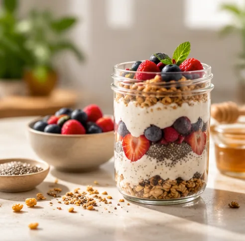 Glass jar of yogurt layered with granola, chia seeds and fresh berries, with a bowl of berries and honey in soft daylight