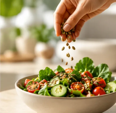 Hand sprinkling pumpkin seeds over a bowl of leafy greens, cherry tomatoes and cucumber