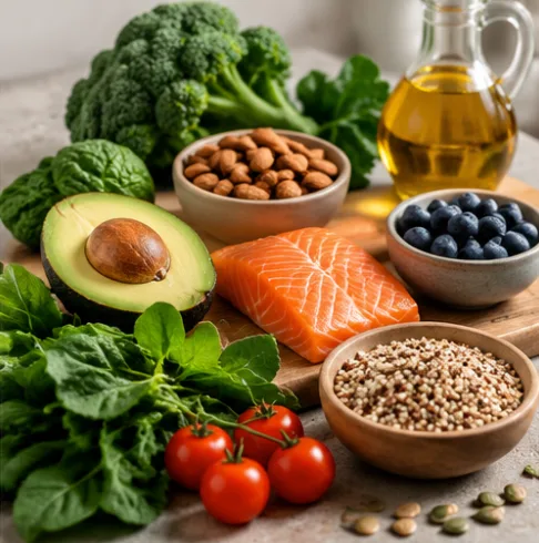 Fresh salmon fillet, avocado, broccoli, spinach, almonds, blueberries, quinoa, tomatoes and olive oil on a kitchen counter