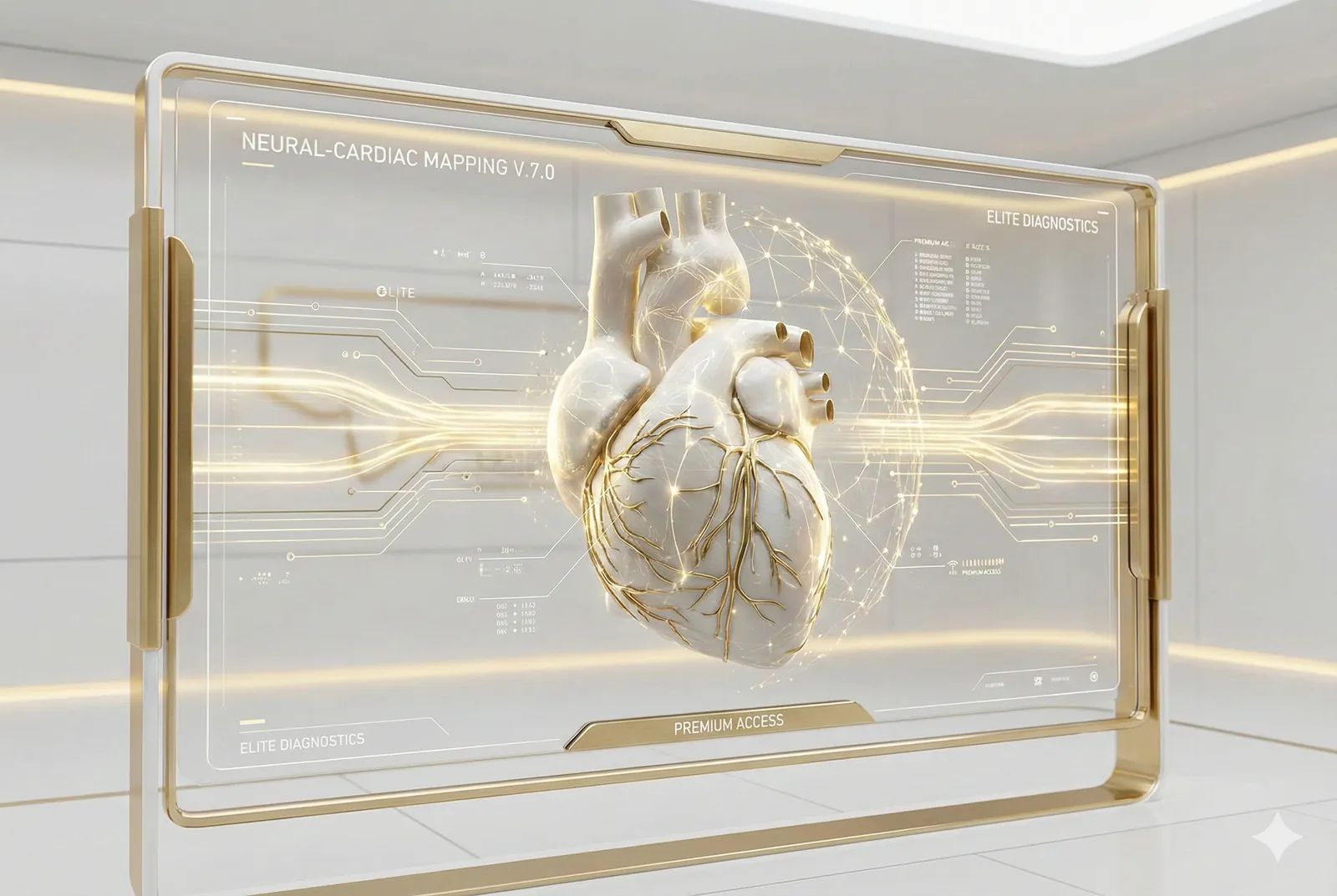 Glass display showing a white and gold 3D heart model with a cardiac mapping interface