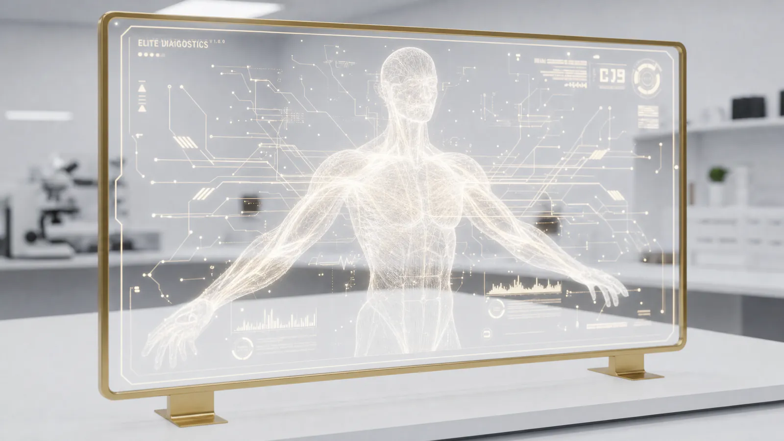 Gold-framed glass display showing a wireframe human body with diagnostic data in a laboratory