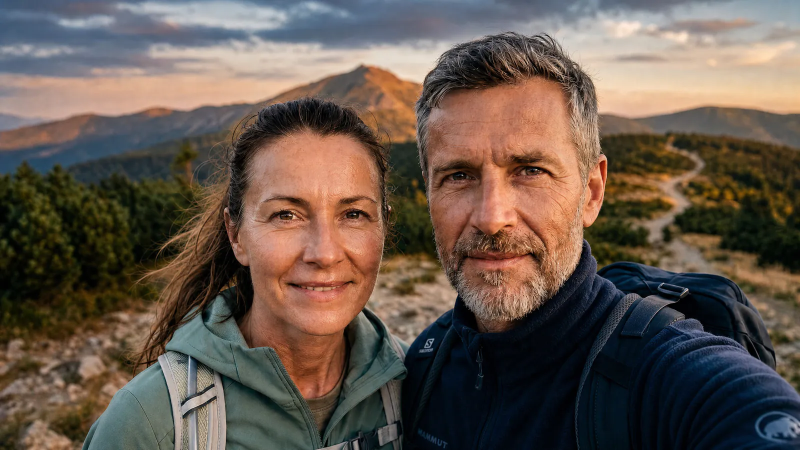 Middle-aged couple in hiking gear taking a selfie on a mountain trail at sunset